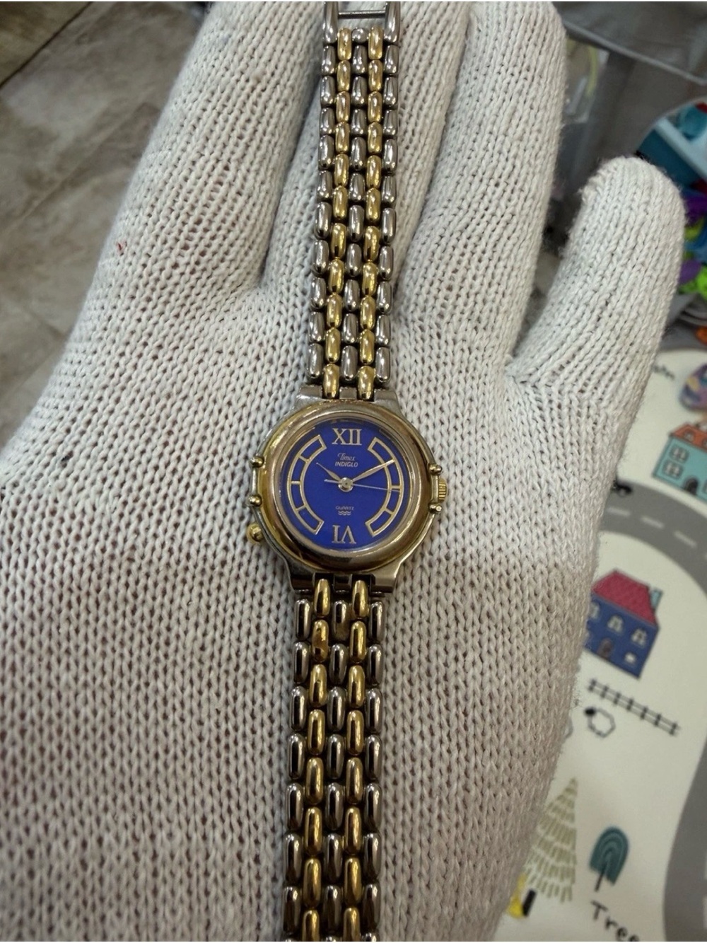 Vintage Timex Indiglo Women's Watch Blue Roman Numeral Dial Two Tone Bracelet